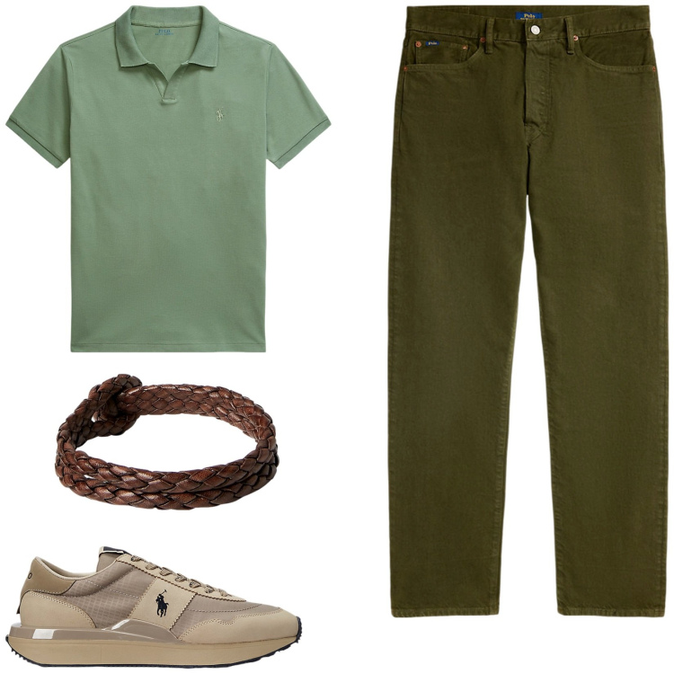 Outfit uomo - Sfumature di verde. Stile Casual per Tutti i giorni. Abbinamento con sneakers, polo, jeans dritti, braccialetti.