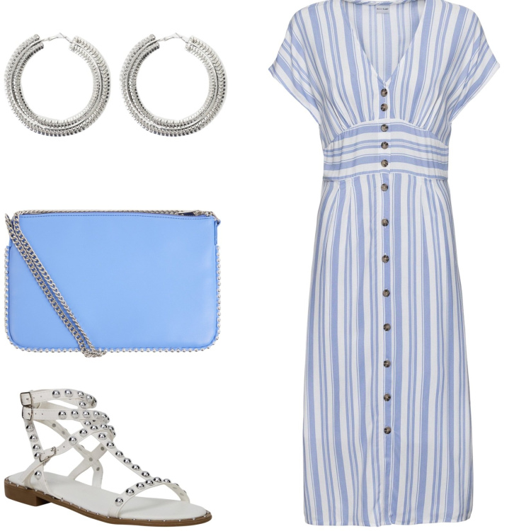 Outfit donna - Abito di cotone per la città. Stile Casual per Tutti i giorni. Abbinamento con vestiti, borse a tracolla, sandali, orecchini.