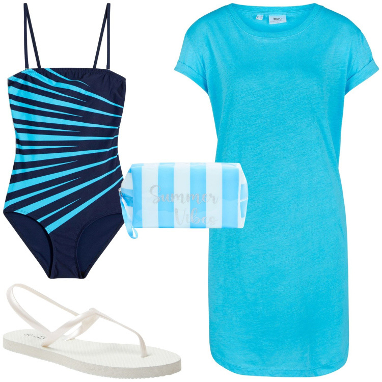 Outfit donna - Giornata al mare. Stile Basic per Mare. Abbinamento con costumi interi, vestiti, sandali, valigie.