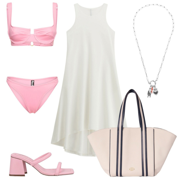Outfit donna - Bikini rosa chiaro. Stile Chic per Mare. Abbinamento con sandali in pelle, vestiti midi/longuette, ciondoli, bikini, shopping bag.