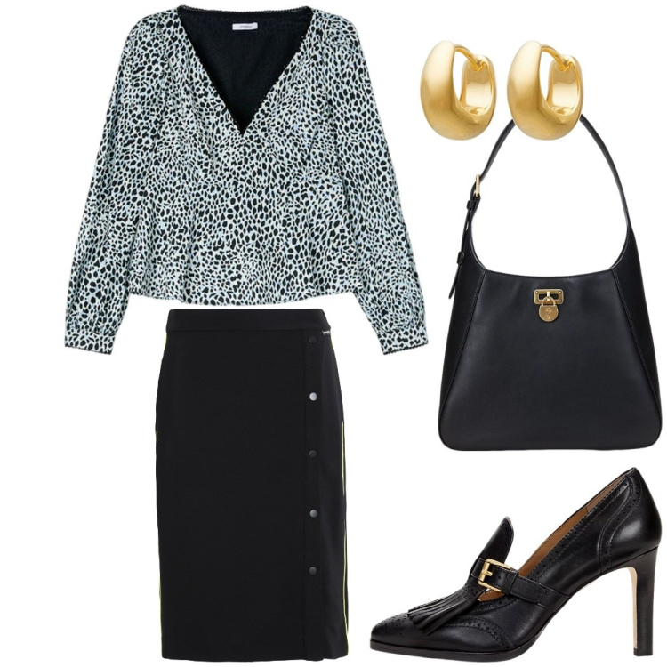Outfit donna - Total look #2123429. Stile Casual chic per Ufficio. Abbinamento con orecchini, gonne longuette, décolleté, borse a spalla, top.