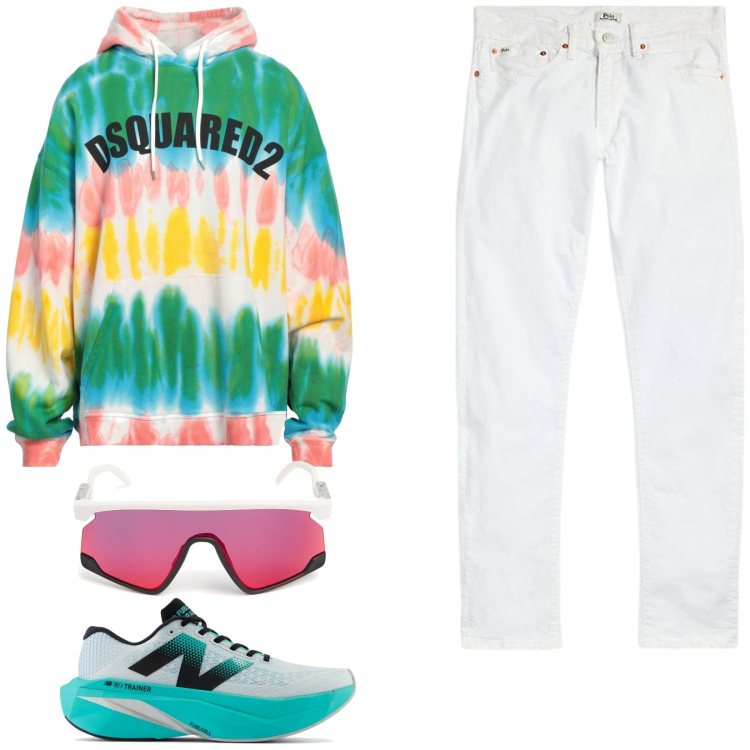 Outfit uomo - Colori sgargianti. Stile Trendy per Tutti i giorni. Abbinamento con felpe con cappuccio, sneakers, jeans, occhiali da sole.