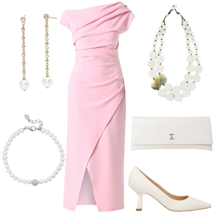 Outfit donna - Il tubino rosa confetto. Stile Glamour per Cerimonia. Abbinamento con décolleté, vestiti asimmetrici, orecchini, braccialetti, pochette, ciondoli.