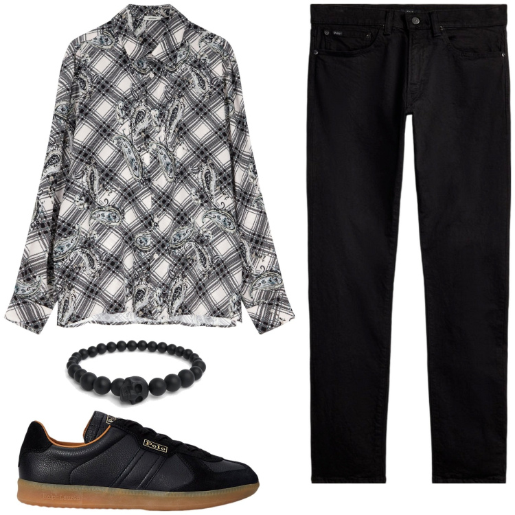 Outfit uomo - Serata glamour. Stile Trendy per Serata speciale. Abbinamento con camicie, jeans, sneakers, braccialetti.
