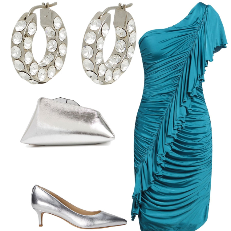 Outfit donna - Cerimonia chic. Stile Glamour per Cerimonia. Abbinamento con orecchini, vestiti asimmetrici, décolleté, pochette.