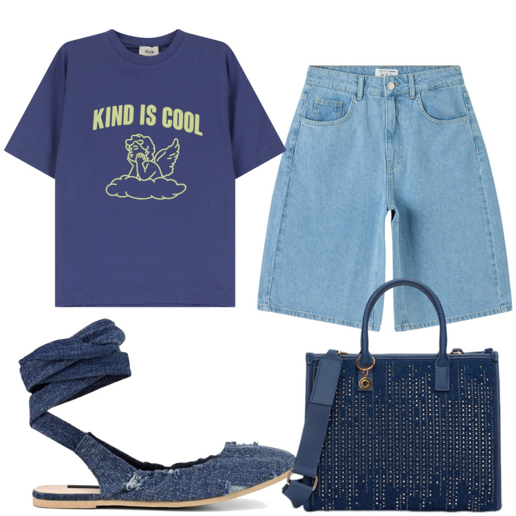 Outfit donna - W la gentilezza. Stile Trendy per Tutti i giorni. Abbinamento con bermuda, t-shirt, ballerine, borse a mano.
