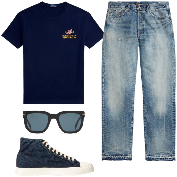 Outfit uomo - Total look #2123474. Stile Urban per Tutti i giorni. Abbinamento con sneakers, jeans dritti, t-shirt, occhiali da sole.