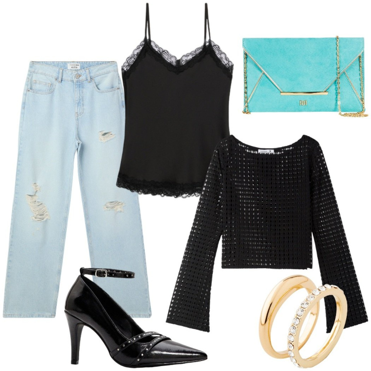 Outfit donna - Serata casual chic. Stile Casual chic per Serata fuori. Abbinamento con anelli, décolleté, jeans strappati, maglieria, pochette, top.