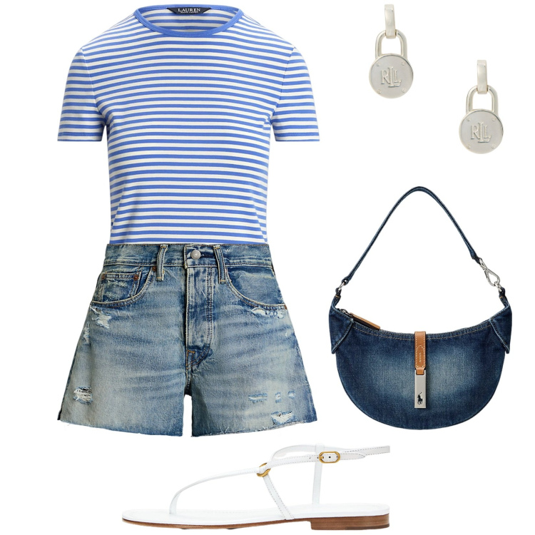 Outfit donna - Gita in barca. Stile Casual chic per Tutti i giorni. Abbinamento con orecchini, borse a spalla, t-shirt, sandali in pelle, shorts.