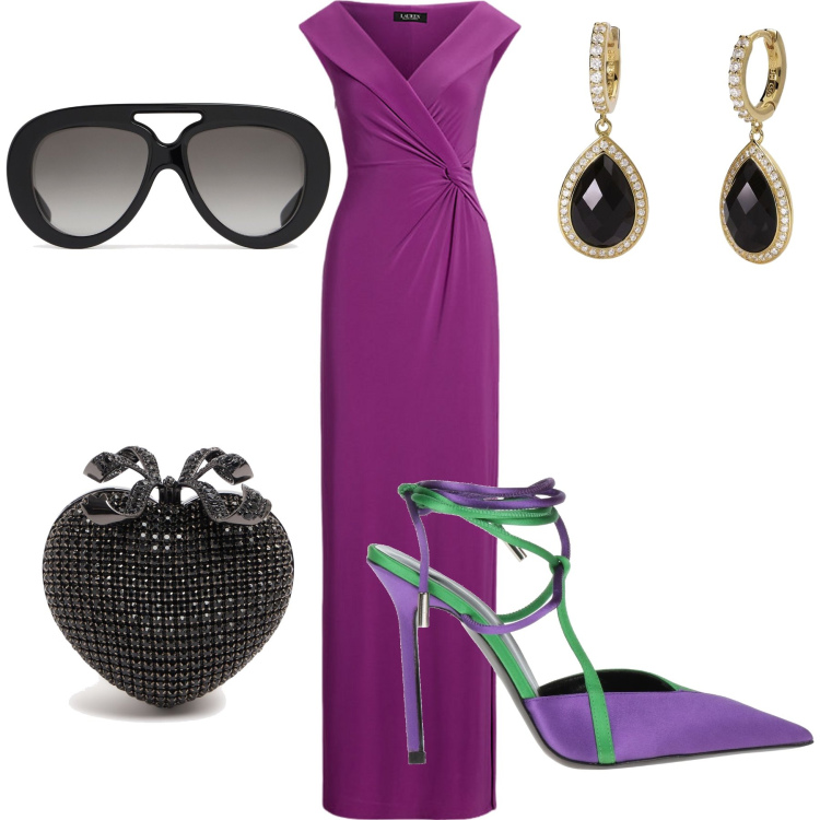 Outfit donna - Occhiali da sera. Stile Glamour per Serata fuori. Abbinamento con décolleté, orecchini, vestiti lunghi, pochette, occhiali da sole.