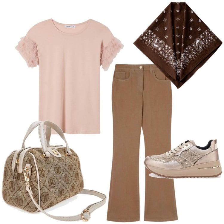 Outfit donna - Weekend fuori città. Stile Casual chic per Tutti i giorni. Abbinamento con t-shirt, sneakers, pantaloni, borse a mano, foulard.