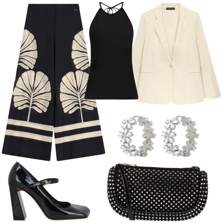 Outfit donna - L\'eleganza del tailleur. Stile Chic per Cerimonia. Abbinamento con orecchini, décolleté, top, borse a tracolla, pantaloni a palazzo, blazer.
