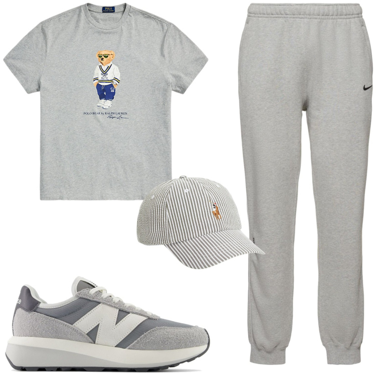 Outfit uomo - Total grey. Stile Urban per Sport. Abbinamento con sneakers, cappelli, t-shirt, pantaloni.