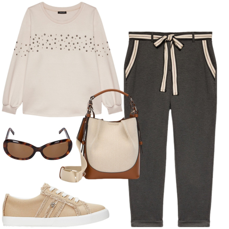 Outfit donna - Daily. Stile Casual per Tutti i giorni. Abbinamento con sneakers, felpe, pantaloni chino, borse a mano, occhiali da sole.