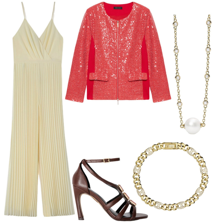 Outfit donna - La comunione a maggio. Stile Chic per Cerimonia. Abbinamento con collane, braccialetti, blazer, tute, sandali gioiello.