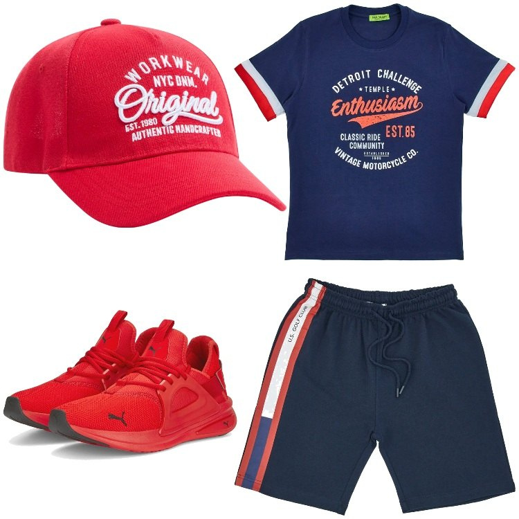 Outfit uomo - Sportivo. Stile Casual per Sport. Abbinamento con cappelli, sneakers, t-shirt, pantaloni corti.