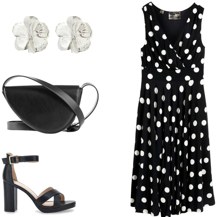Outfit donna - Abito a pois. Stile Glamour per Serata fuori. Abbinamento con vestiti, borse a tracolla, orecchini, sandali col tacco.