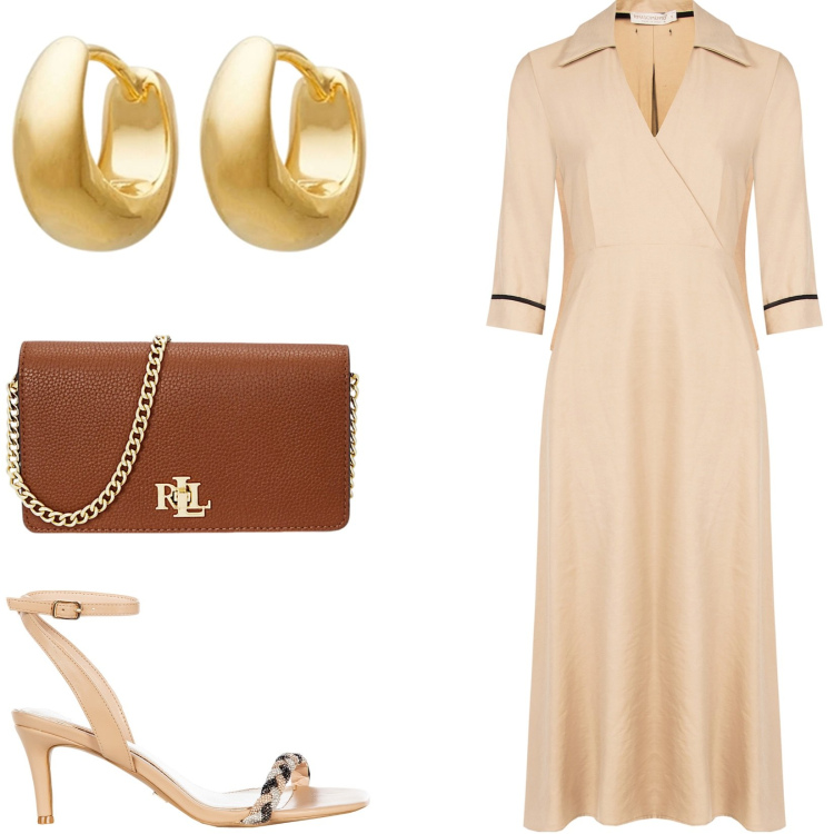 Outfit donna - Raffinata. Stile Glamour per Cerimonia. Abbinamento con orecchini, sandali in pelle, vestiti, borse a mano.