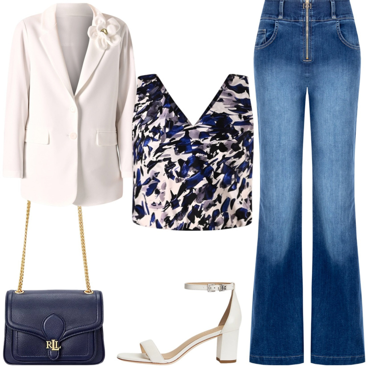 Outfit donna - Top e jeans. Stile Casual chic per Cerimonia. Abbinamento con jeans, blazer, top, borse a spalla, sandali in pelle.