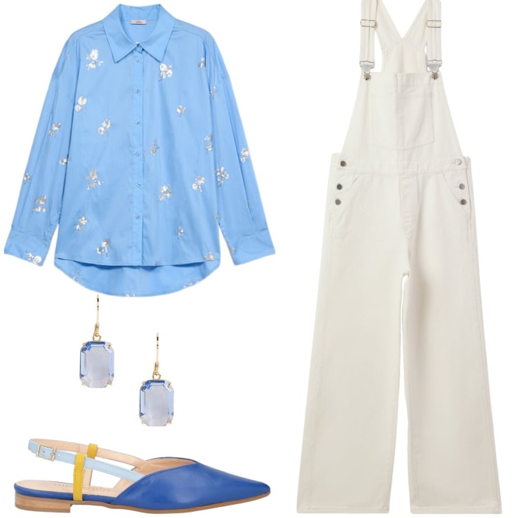 Outfit donna - Elegante in salopette. Stile Casual chic per Tutti i giorni. Abbinamento con ballerine, salopette, orecchini, camicie.