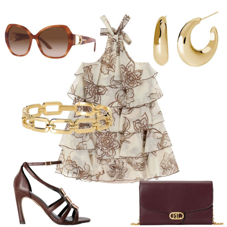 Outfit donna - Volant. Stile Glamour per Cerimonia. Abbinamento con braccialetti, orecchini, vestiti corti, occhiali da sole, borse a tracolla, sandali gioiello.