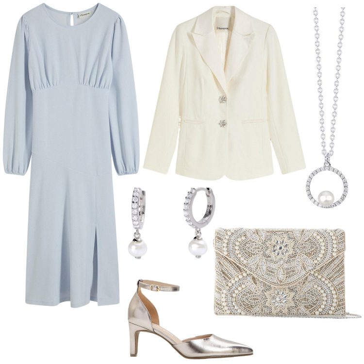Outfit donna - Cerimonia bon ton. Stile Bon Ton per Cerimonia. Abbinamento con pochette, blazer, vestiti midi/longuette, décolleté, orecchini, collane.
