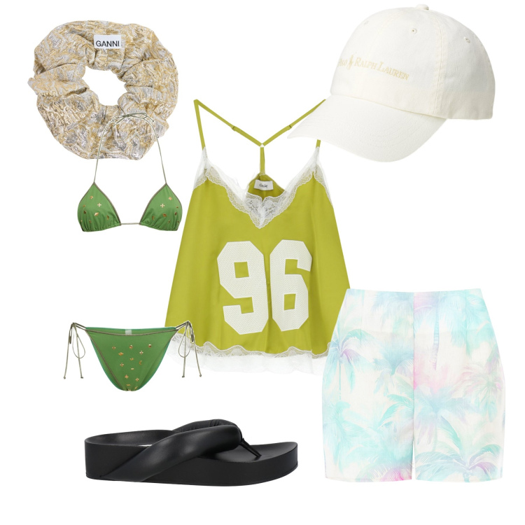 Outfit donna - Una giornata al mare. Stile Sporty chic per Mare. Abbinamento con infradito, top, shorts, cappelli, accessori per capelli, bikini.