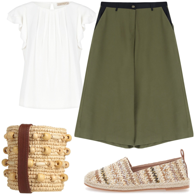 Outfit donna - Paglia e espadrillas. Stile Casual chic per Tutti i giorni. Abbinamento con borse a spalla, bluse, pantaloni, espadrillas.