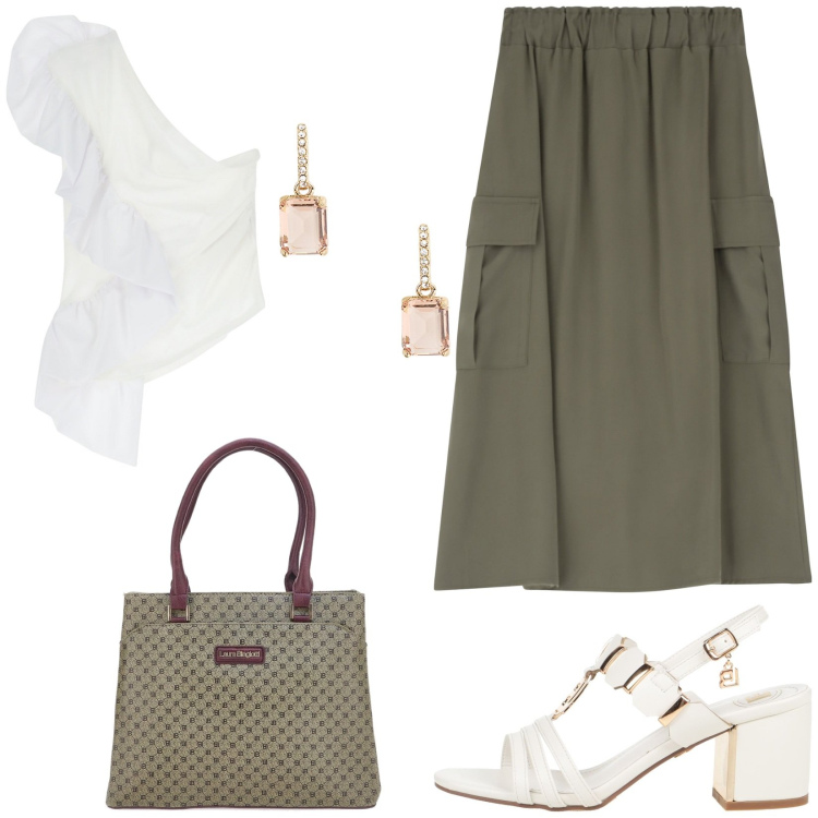 Outfit donna - Bianco e verde oliva, must have p/e 25. Stile Casual chic per Tutti i giorni. Abbinamento con sandali col tacco, gonne lunghe, top, orecchini, borse a spalla.