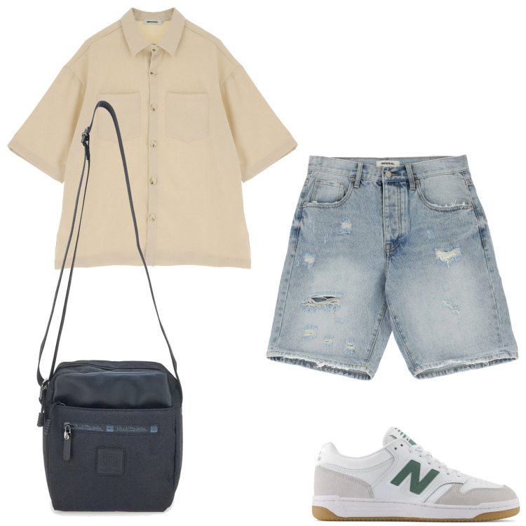 Outfit uomo - Versatile per il weekend. Stile Trendy per Tutti i giorni. Abbinamento con sneakers, camicie a manica corta, bermuda, portafogli.