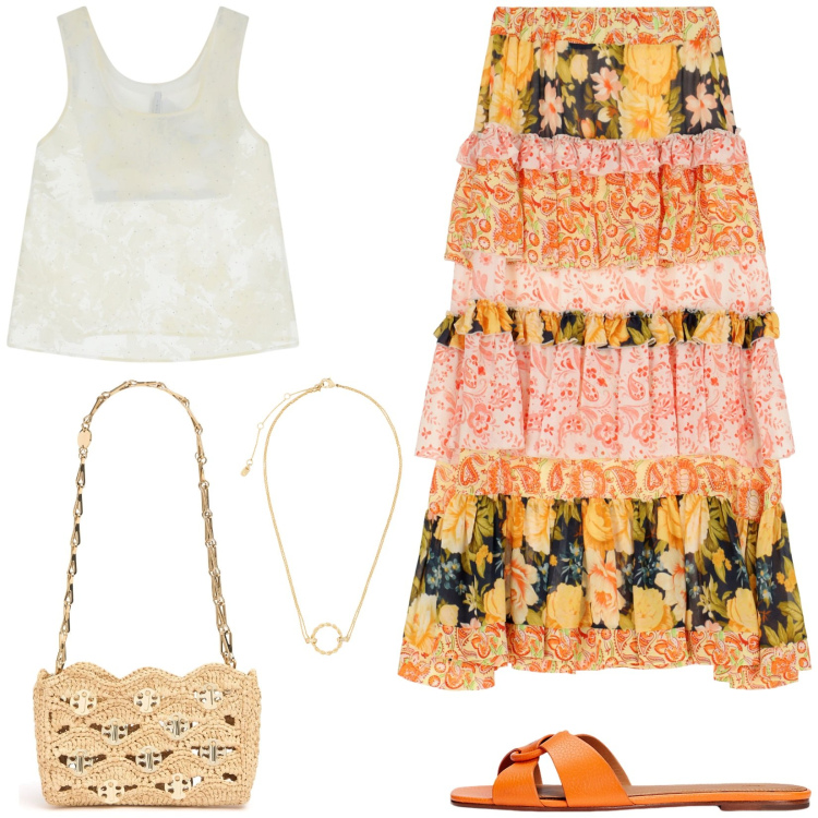 Outfit donna - Boho in arancione. Stile Boho per Tutti i giorni. Abbinamento con top, gonne lunghe, ciondoli, sandali in pelle, borse a spalla.