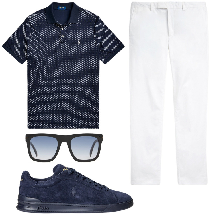 Outfit uomo - Total look #2123563. Stile Trendy per Tutti i giorni. Abbinamento con sneakers, polo, pantaloni chino, occhiali da sole.