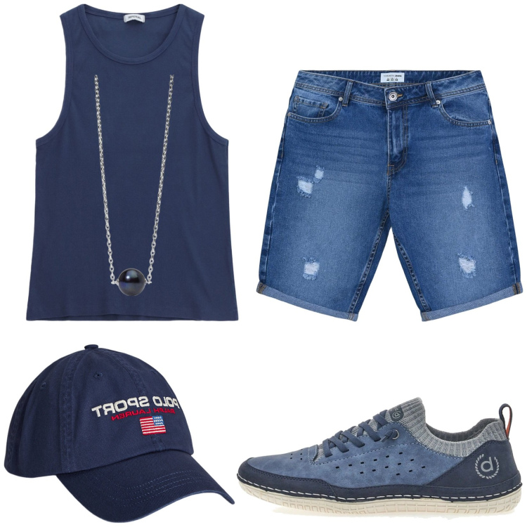Outfit uomo - Total look #2123565. Stile Trendy Abbinamento con canottiere, bermuda, collane, berretti, sneakers.
