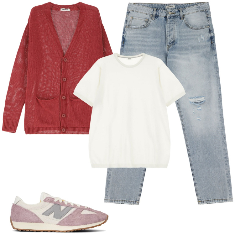 Outfit uomo - Total look #2123568. Stile Trendy per Tutti i giorni. Abbinamento con sneakers, jeans strappati, cardigans, t-shirt.