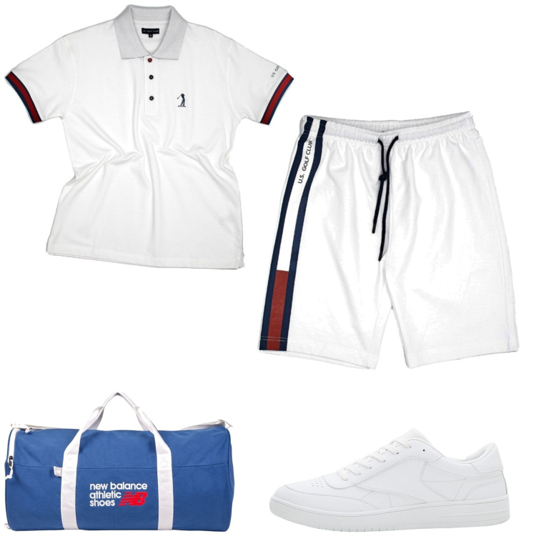 Outfit uomo - Partita a tennis. Stile Casual per Sport. Abbinamento con sneakers, borse sportive, pantaloni corti, polo.