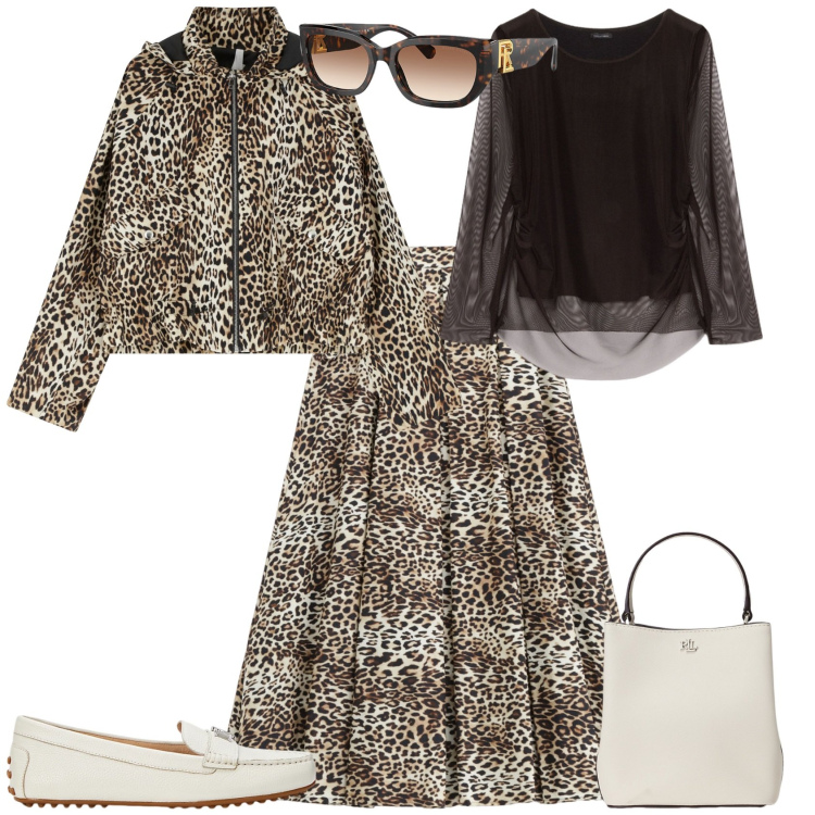 Outfit donna - Evento cerimonia. Stile Bon Ton per Cerimonia. Abbinamento con gonne longuette, parka, occhiali da sole, mocassini, borse a secchiello, t-shirt.
