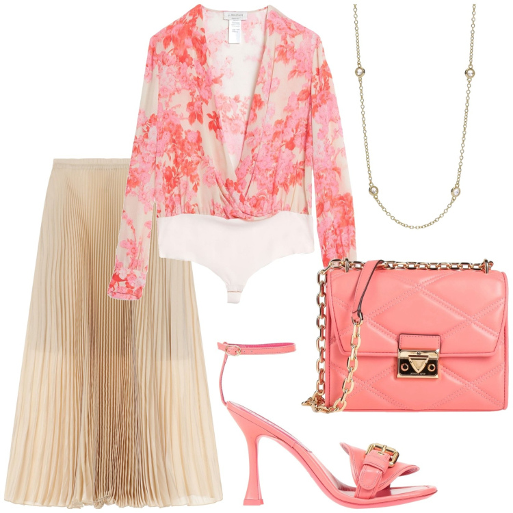 Outfit donna - Profumo di primavera. Stile Romantica per Cerimonia. Abbinamento con body, sandali in pelle, borse a tracolla, collane, gonne lunghe.