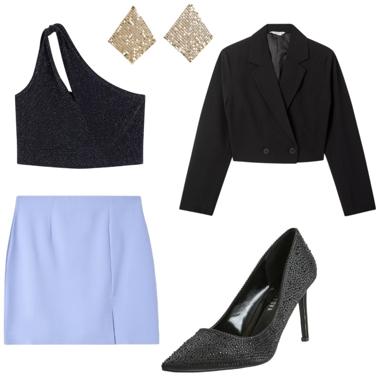 Outfit donna - Occhi su di me. Stile Casual chic per Cerimonia. Abbinamento con top, minigonne, blazer, décolleté, orecchini.