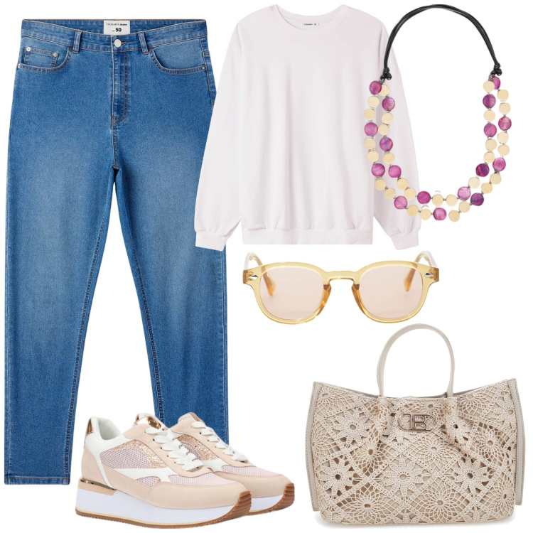 Outfit donna - Casual chic con la felpa. Stile Casual chic per Tutti i giorni. Abbinamento con jeans skinny, felpe, occhiali da sole, sneakers, borse a tracolla, collane.