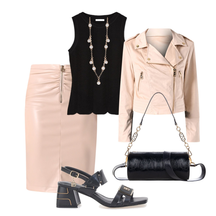 Outfit donna - Serata grintosa con charme. Stile Sexy per Serata fuori. Abbinamento con collane, giacche, gonne, borse a mano, sandali col tacco, top.