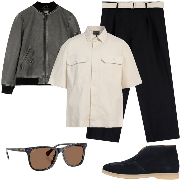 Outfit uomo - Serate primaverili. Stile Trendy per Serata speciale. Abbinamento con stivali e stivaletti, camicie a manica corta, pantaloni, bomber, occhiali da sole.