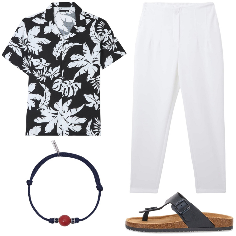 Outfit uomo - In vacanza. Stile Casual per Tutti i giorni. Abbinamento con pantaloni chino, camicie a manica corta, braccialetti, sandali.