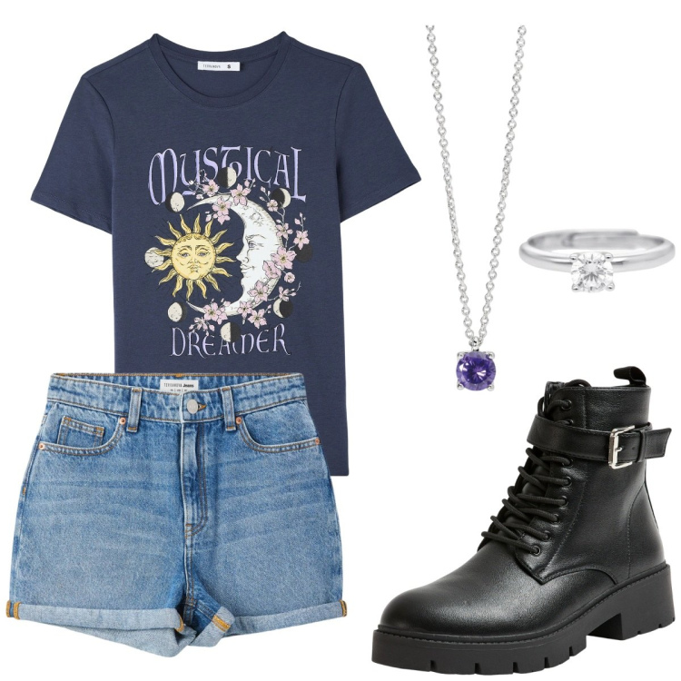 Outfit donna - Una maglietta per me. Stile Casual per Scuola/Università. Abbinamento con shorts, t-shirt, anfibi, anelli, collane.