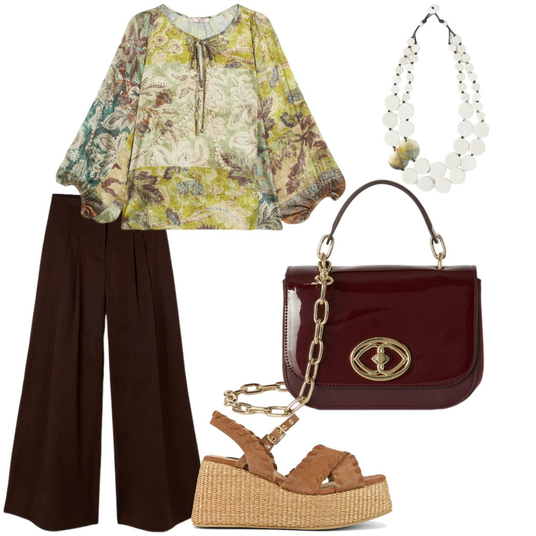 Outfit donna - Total look #2123612. Stile Basic per Ufficio. Abbinamento con zeppe, bluse, pantaloni a palazzo, ciondoli, borse a tracolla.