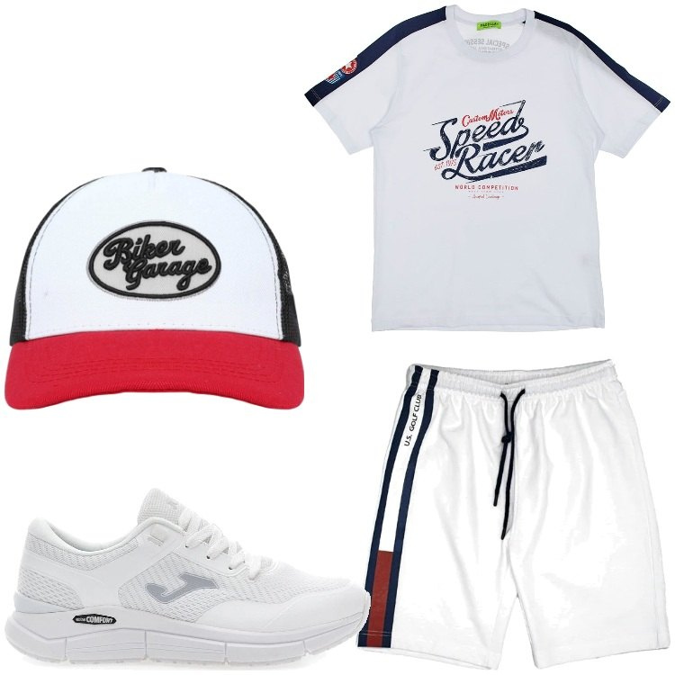 Outfit uomo - Bianco sport. Stile Casual per Sport. Abbinamento con cappelli con visiera, t-shirt, pantaloni corti, sneakers.