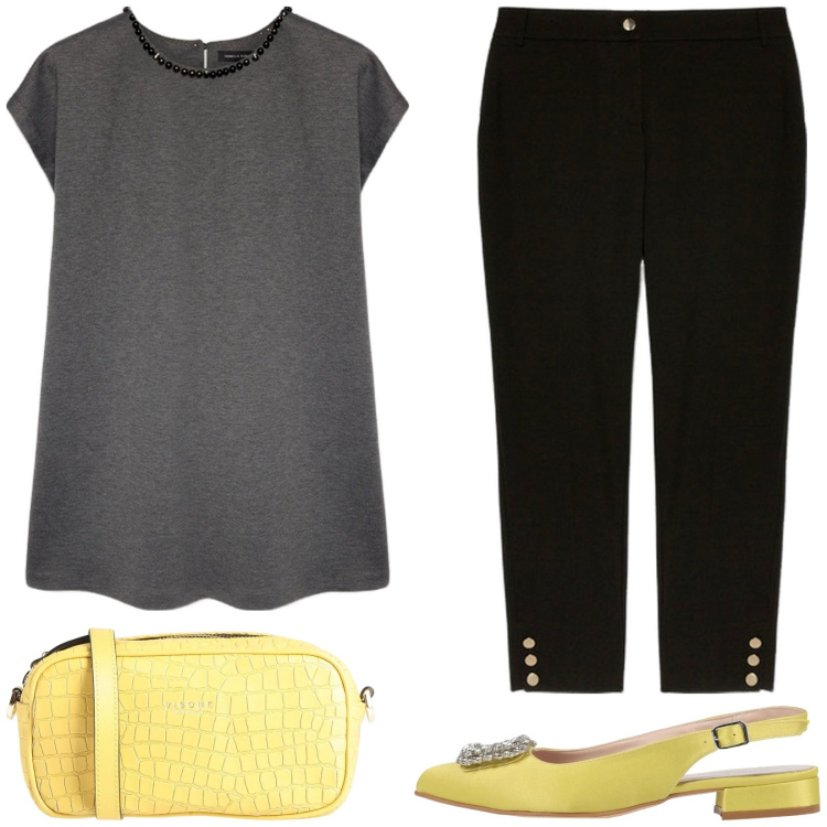 Outfit donna - Dettagli luminosi. Stile Casual chic per Tutti i giorni. Abbinamento con borse a tracolla, ballerine, vestiti corti, pantaloni chino.