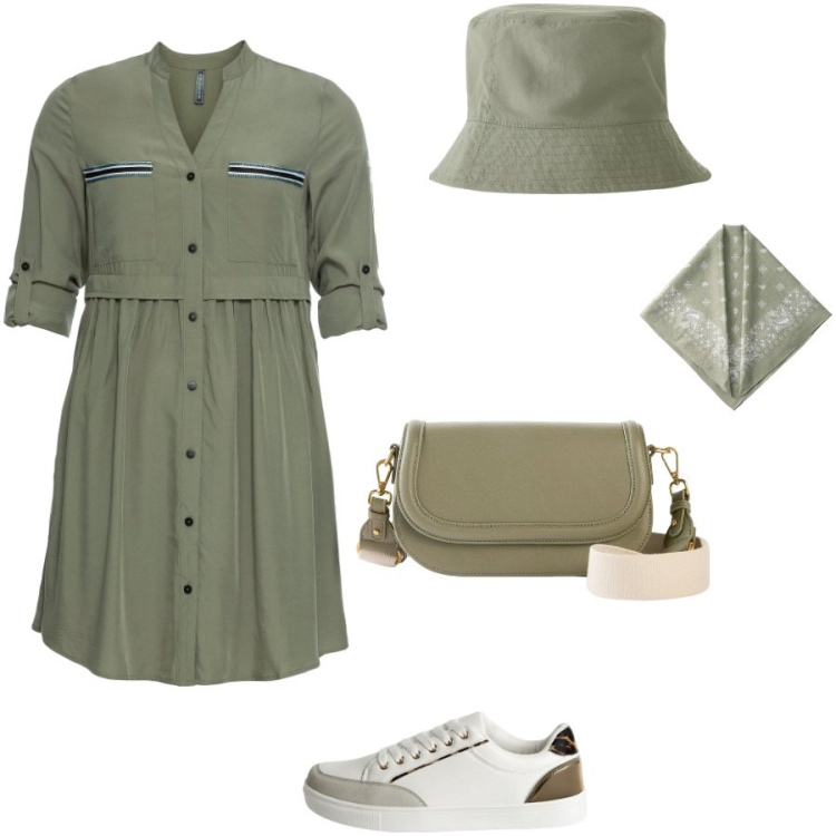 Outfit donna - In giro in una città d\'arte. Stile Casual per Tutti i giorni. Abbinamento con cappelli, vestiti chemisier, borse a tracolla, sneakers, foulard.