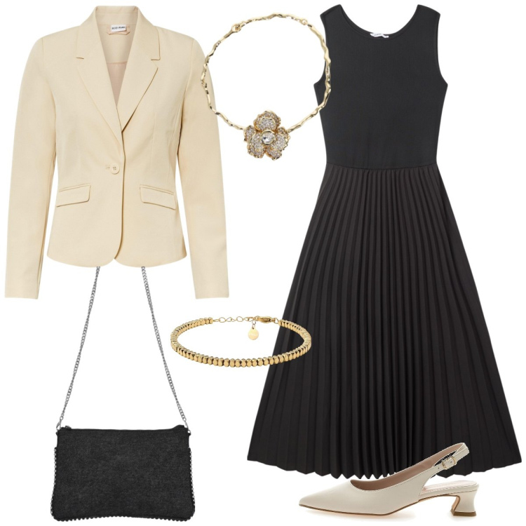 Outfit donna - Aperitivo. Stile Chic per Serata fuori. Abbinamento con blazer, vestiti lunghi, borse a tracolla, braccialetti, collane, décolleté.