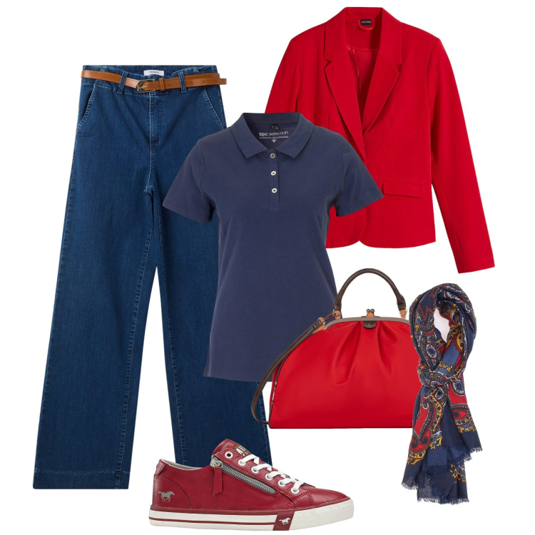 Outfit donna - Jeans e blazer, rosso e blu. Stile Casual per Tutti i giorni. Abbinamento con polo, blazer, sneakers, jeans, foulard, borse a spalla.