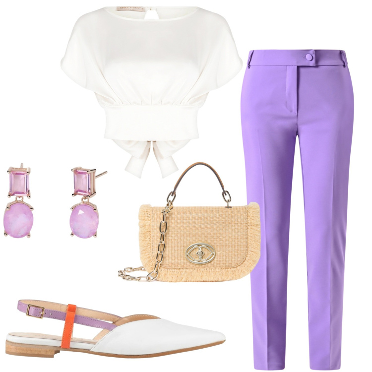 Outfit donna - Serata con amici. Stile Casual chic per Serata fuori. Abbinamento con ballerine, bluse, pantaloni, orecchini, borse a tracolla.